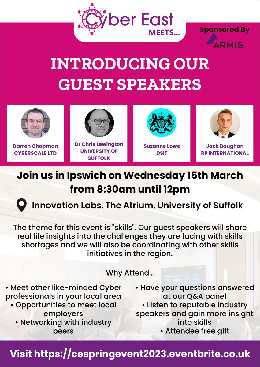 @CyberEast (@cyber_east) on Twitter photo The first of our 2023 #events is in just 5 days. Join us for our spring event at <a href="/UOS_BusinessEng/">UOS_Business_at_Suffolk</a> in #Ipswich where we will be focusing on the topic of #skills. Seats are filling up fast, so reserve your place today: bit.ly/3JU9cnh #cyber #cybersecurity #eastanglia The first of our 2023 #events is in just 5 days. Join us for our spring event at <a href="/UOS_BusinessEng/">UOS_Business_at_Suffolk</a> in #Ipswich where we will be focusing on the topic of #skills. Seats are filling up fast, so reserve your place today: bit.ly/3JU9cnh #cyber #cybersecurity #eastanglia