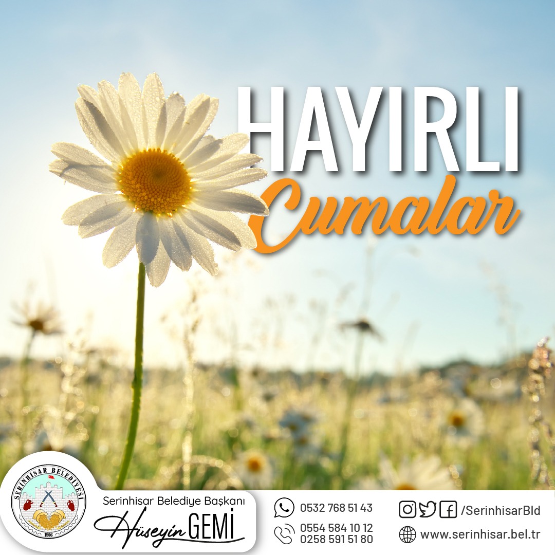 Sağlık ve mutluluk dolu günlerin hayatınızdan eksik olmaması dileğiyle. Gününüz aydın Cumamız Mübarek olsun.
#HayırlıCumalar

Hüseyin GEMİ
T.C. Serinhisar Belediye Başkanı
