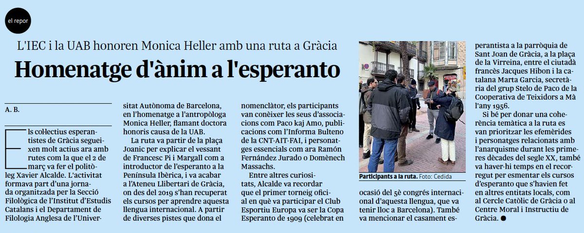KsaveroEO's tweet photo. La setmana passada vam fer una ruta històrica de l'esperanto per la Vila de Gràcia. Van ser dues hores intenses, amb una bona participació i moltes anècdotes. Hi ha molts detalls esperantistes amagats a les nostres places i carrers! L'@indepe_gracia n'ha fet un petit repor https://t.co/YgmSZ78mdE