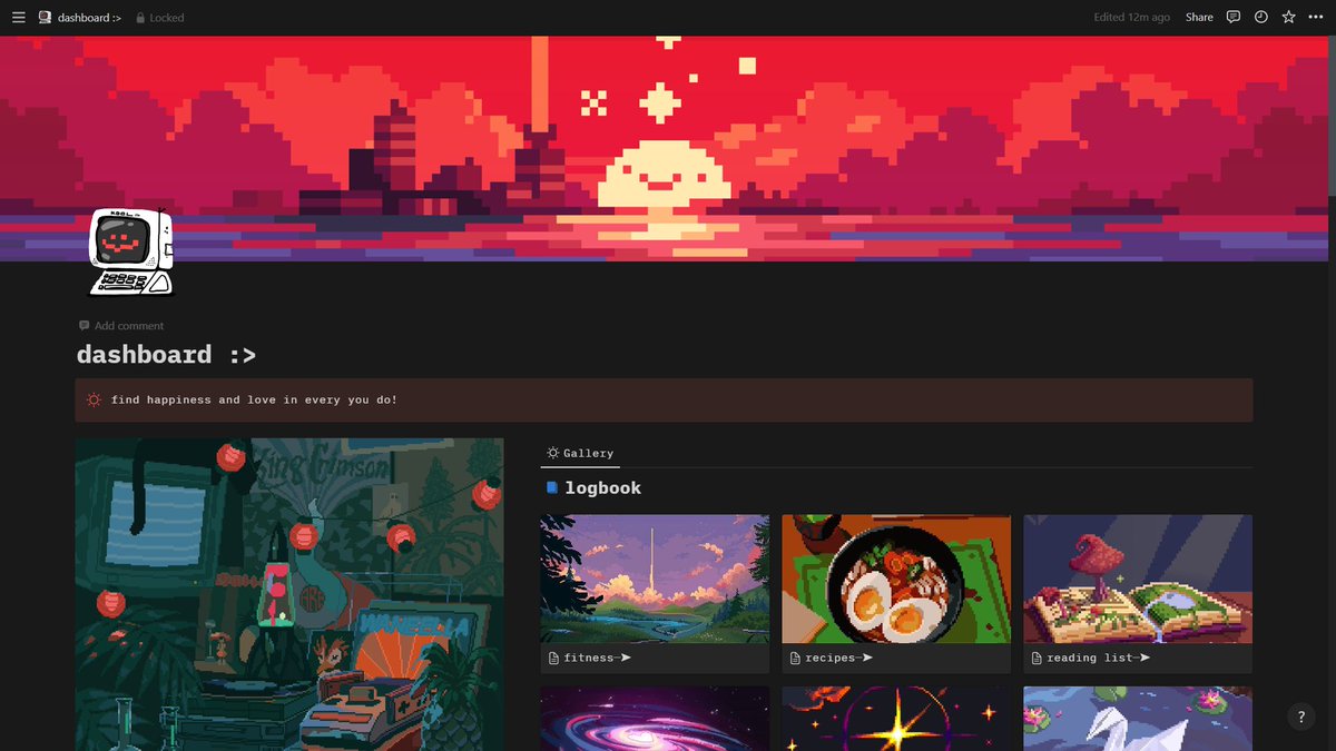 mairae23's tweet image. spend like 8 hours haha making this pixel dashboard on notion, looks pretty cool for the first one aye, more updates on it soon!
#notiondashboard #notionlayout #notionworkspace #notionplanner #notiondesign