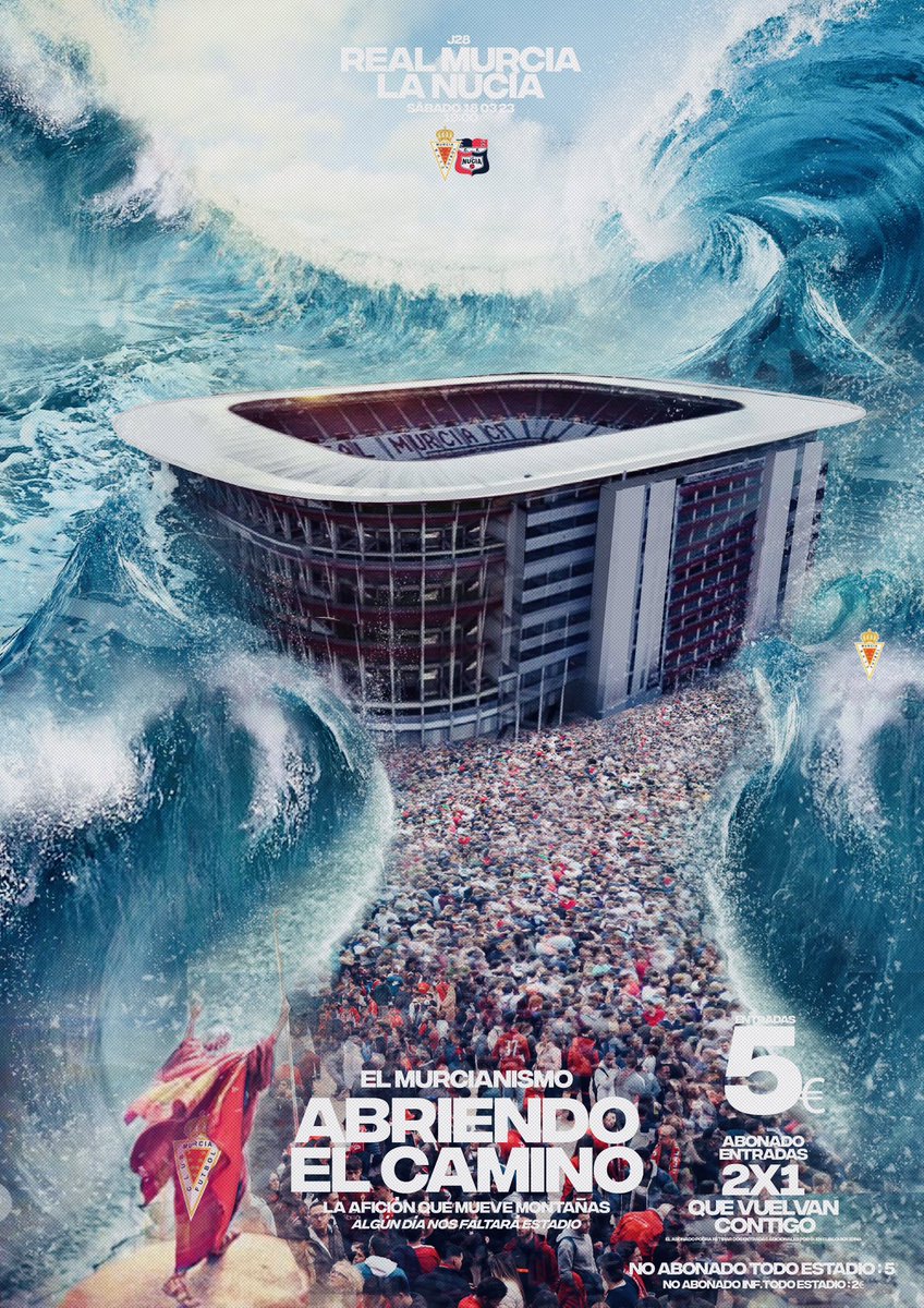 J28 | #RealMurciaLaNucía
🌊 El murcianismo "ABRIENDO EL CAMINO"

Abonado: 2x1 en entradas adicionales a 5€  "que vuelvan contigo"
General: 5€ / Infantil 2€

Entradas: realmurcia.compralaentrada.com/eventos/5420/5…
Noticia: realmurcia.es/noticia/el-mur…