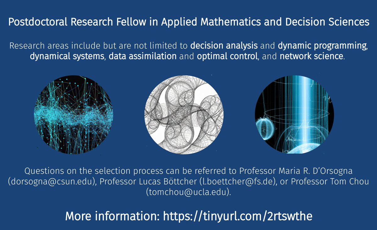 Lucas Böttcher 🇺🇦 (@lucasbottcher_) on Twitter photo Postdoctoral Research Position <a href="/CompMedUCLA/">UCLA_Computational Medicine</a>
The full job ad is available here: tinyurl.com/2rtswthe
#DataScience #DecisionScience #DynamicalSystems #AppliedMath #MathBiology #NetworkScience #OptimalControl Postdoctoral Research Position <a href="/CompMedUCLA/">UCLA_Computational Medicine</a>
The full job ad is available here: tinyurl.com/2rtswthe
#DataScience #DecisionScience #DynamicalSystems #AppliedMath #MathBiology #NetworkScience #OptimalControl