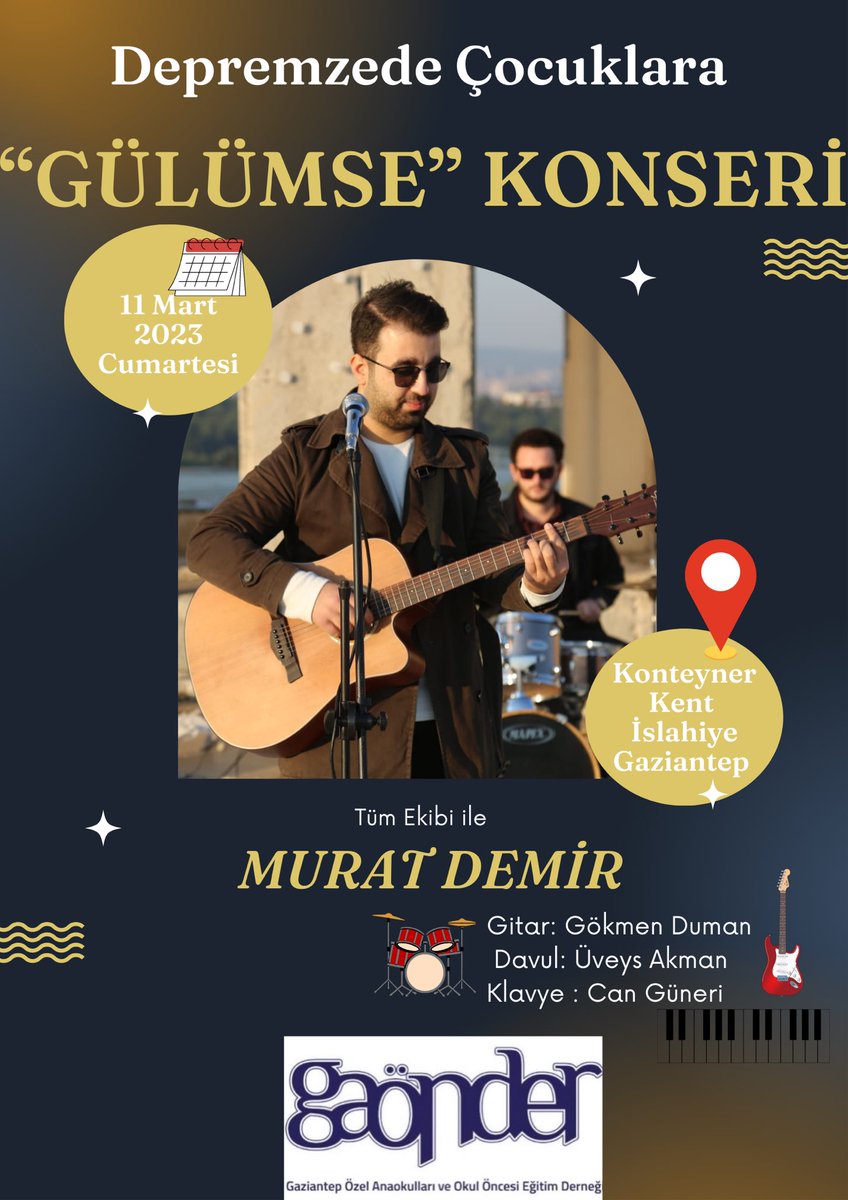 Yarın #İslahiye de #Depremzede çocuklara çalacağız. Bekleriz. 
<a href="/GundemiAntep27/">Antep Gündemi</a> <a href="/FatmaSahin/">Fatma Şahin</a> <a href="/gaonder/">gaonder</a> 
Sn. Başkanım Yasin Özkanad’a teşekkür ederim.