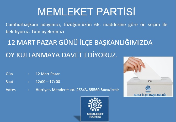 MP_Buca's tweet photo. 12 Mart Pazar günü üyelerimiz Buca İlçe Başkanlığımızda Cumhurbaşkanı Adayını seçiyor.
Tüzüğümüzde yazdığı gibi "YARINLAR HEPİMİZİN ! " anlayışıyla diyoruz ki: Ne Cumhur ne Millet tek yol MEMLEKET...🧿💙

#secim2023 #Halaince
#memleketkazanacak 
#MemleketPartisi  @vekilince https://t.co/gfsjbfLKmS
