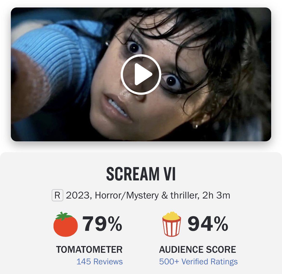 Scream Source  JUSTICE FOR MELISSA on X: Scream 6 has a rotten tomato  score of 79% and a audience score of 94% 🔪🖤  / X