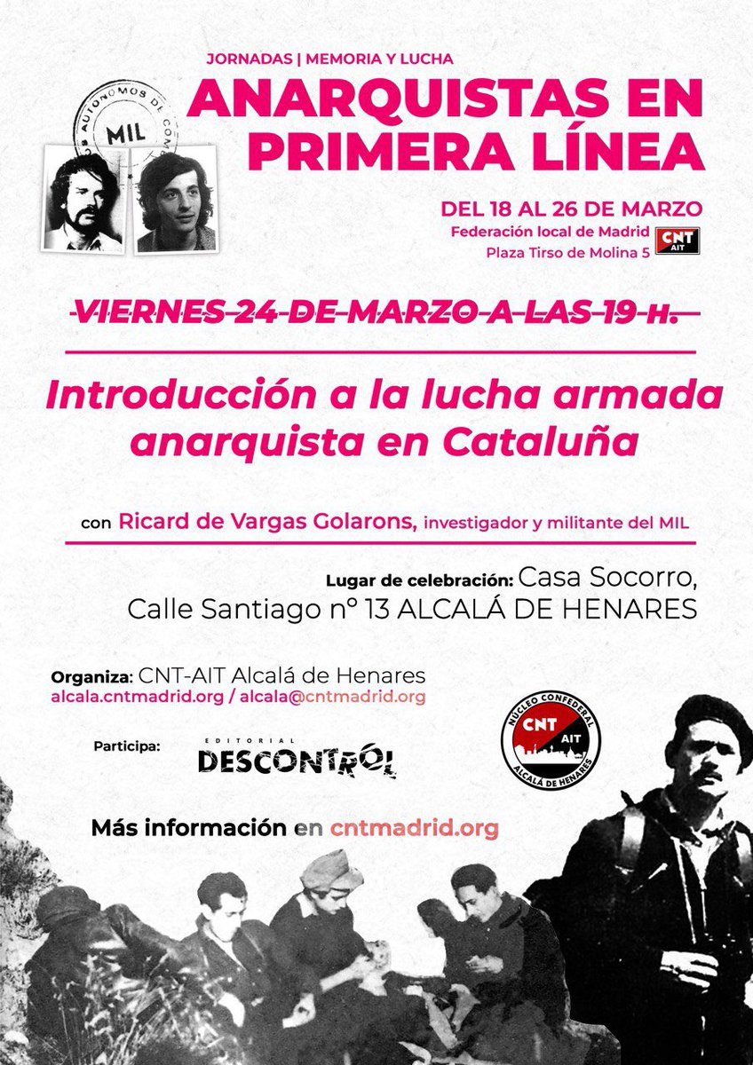 🖤♥️ANARQUISTAS EN PRIMERA LÍNEA♥️🖤 El próximo 24 de marzo os invitamos a esta “Introducción a la lucha armada anarquista en Cataluña”, con Ricard de Vargas Golanors y la participación de <a href="/DescontrolEd/">Descontrol Editorial</a>.  ¡No faltes! Ven con tus amigas y vecinas.