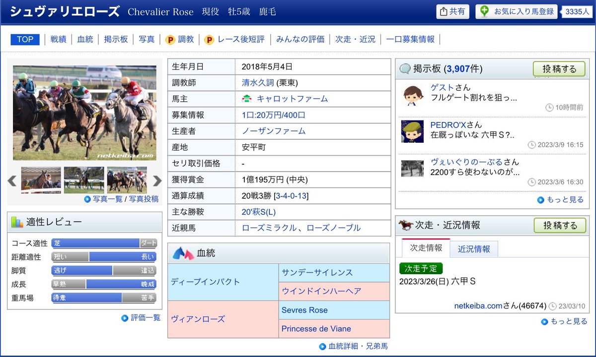 シュヴァリエローズ、六甲Sは酒井学騎手だ。やったぜ！
ロードアヴニールの次走は4月1日か8日の阪神ダート1800m1勝クラス！
エスカミーリョの次走は25日中京芝2200mの未勝利戦でアースコンチェルトは25日中京芝2200mか26日中京芝2000mの未勝利戦。2頭出しは避けたいところ…💦 