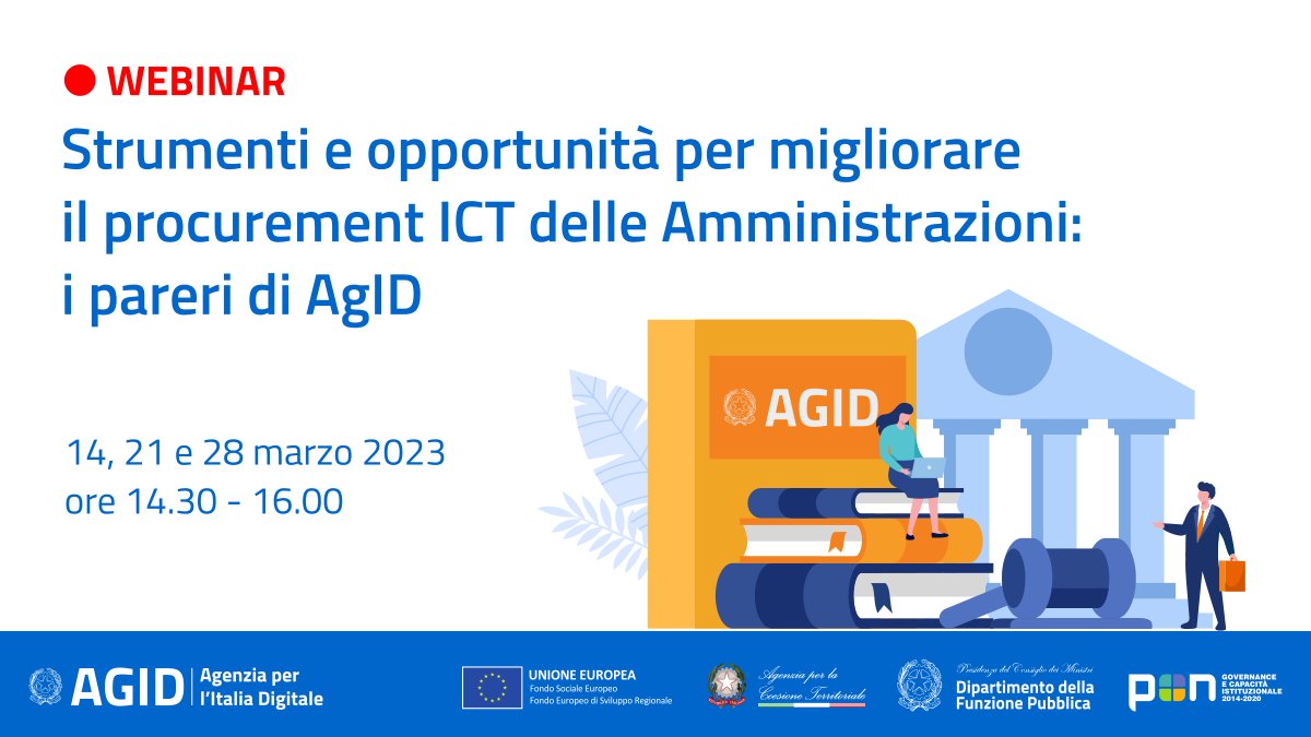 AgidGov's tweet photo. 🧑🏻‍🏫 AgID, in collaborazione con @FormezPA, inaugura un nuovo ciclo di webinar sui pareri che l'ente fornisce in merito alle iniziative ICT delle PA. Il primo appuntamento è previsto per martedì 14 marzo.
📑 Consulta il programma e iscriviti!
https://t.co/DcdWLhiVKn https://t.co/bvtWsmbzHP
