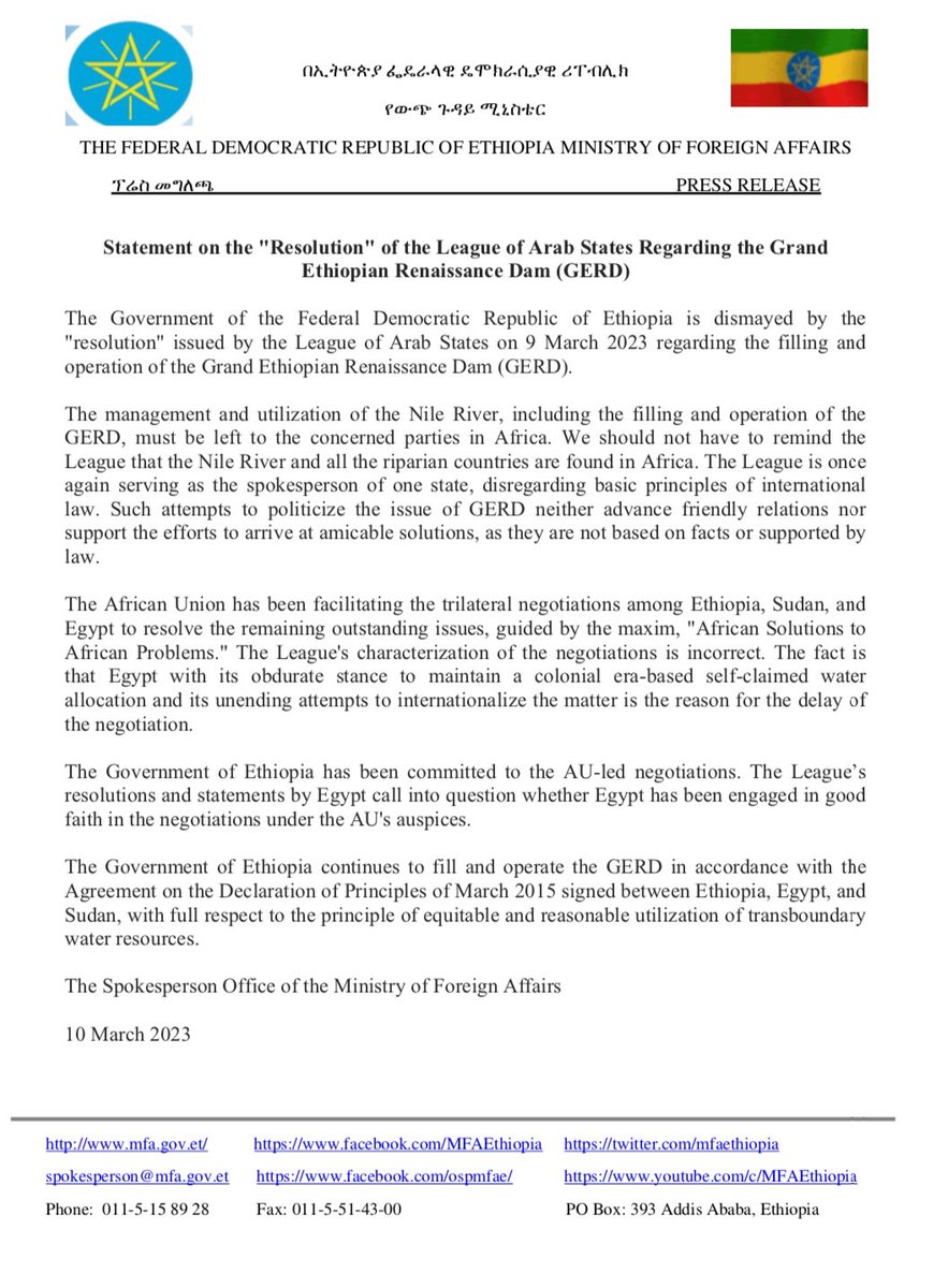 MFAEthiopia's tweet photo. Statement on the “Resolution” of the League of Arab States Regarding the Grand Ethiopian Renaissance Dam (GERD) #Ethiopia https://t.co/PfjIHYaGcg