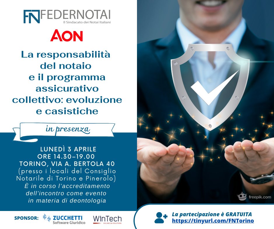 Federnotai1's tweet photo. 📌 SAVE THE DATE
#Federnotai e @Aon_plc #Italia organizzano, il prossimo 3 aprile a #Torino, l’incontro “La responsabilità del notaio e il programma assicurativo collettivo: evoluzione e casistiche”. Sponsor: @ZucchettiSpa e #WinTech.
Registrati qui: https://t.co/Ik2CHPDbZi https://t.co/hTYFshevc0
