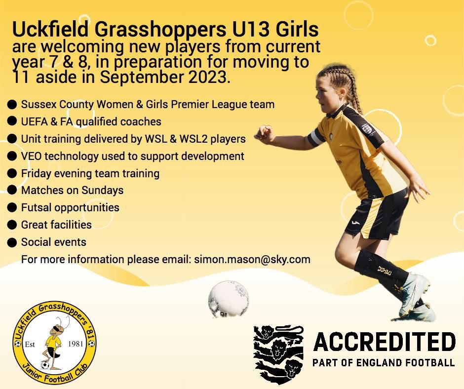 🚨 <a href="/UGrasshoppers81/">UckfieldGrasshoppers</a> U13 Girls are welcoming new player’s from current year 7 &amp; 8 pupils in preparation for moving to 11 a side in September 2023.