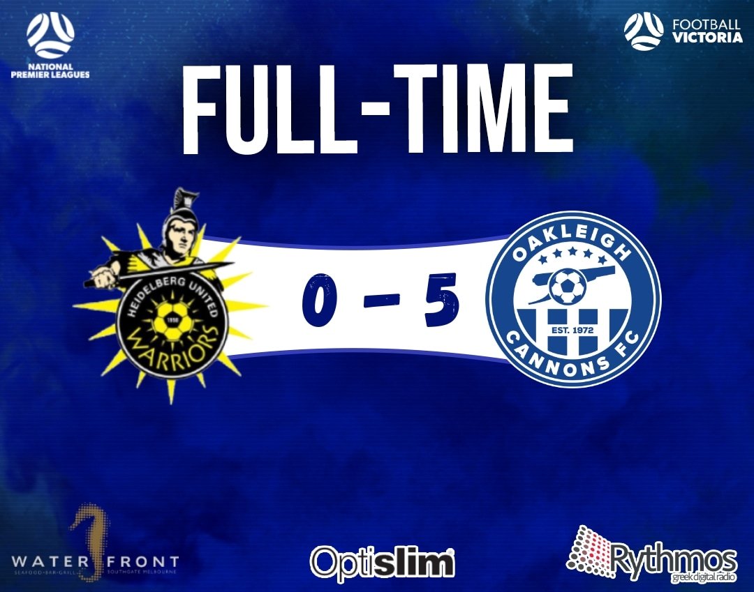 💥FULL-TIME💥

A gutsy performance by the 10 man Cannon squad tonight. A first half goal from Salmon followed by a Lucas brace,  a Pantazopoulos goal as well as a Heidelberg own goal in the second saw us leave Olympic Village with all 3 points.