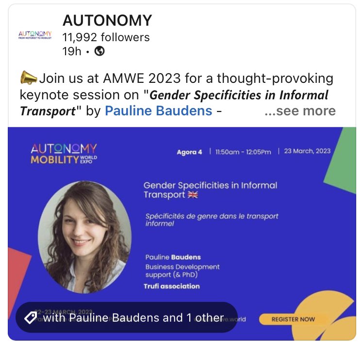 FinEstSmartCity's tweet image. Our early-stage #researcher Pauline questions the role of digital transformation in improving the #mobility of women in the Global South. They often suffer from lower mobility access due to their dependency on public transport etc. 

She’ll present at #AMWE2023
@AUTONOMY