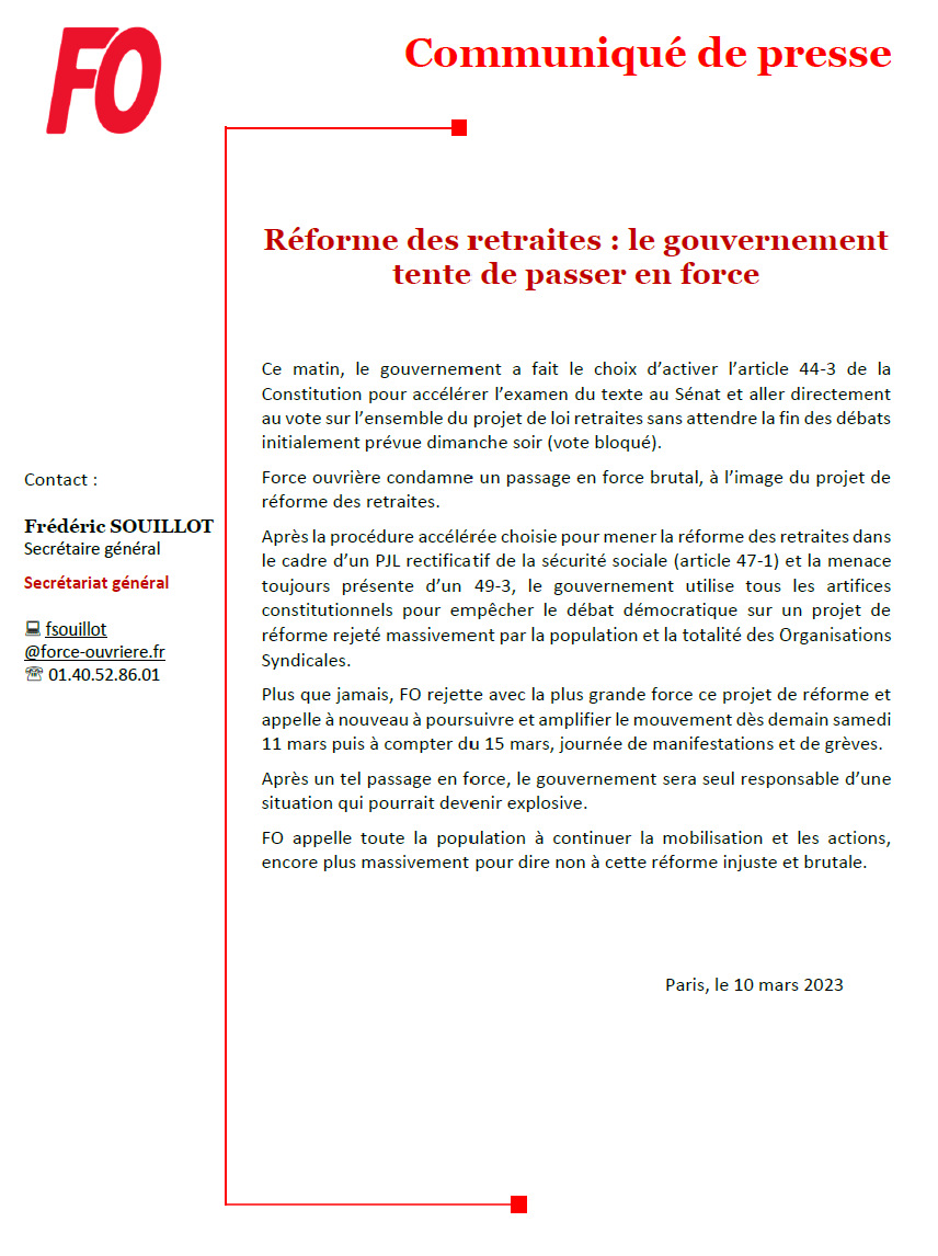 force_ouvriere's tweet photo. Réforme des retraites : le choix d’activer l’article 44-3 pr aller directement au vote sans attendre la fin des débats est un passage en force brutal, à l’image du projet de réforme des retraites.
FO appelle amplifier le mouvement dès demain samedi 11 puis à compter du 15. https://t.co/aU3L3ydVNQ