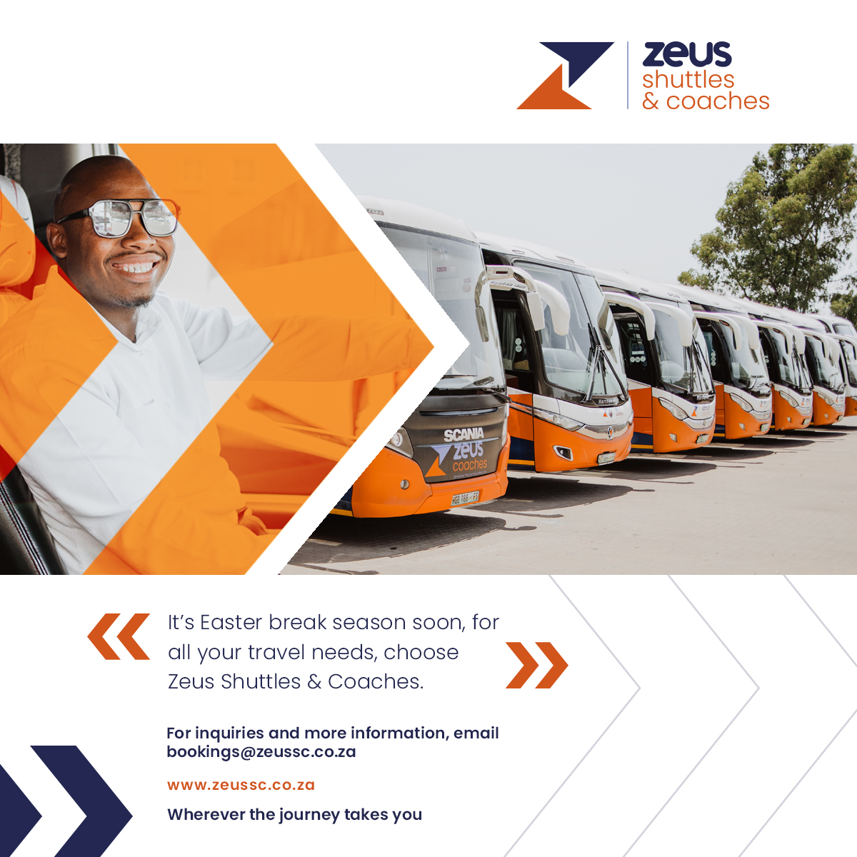 Whatever your destination this Easter, we’ll get you there.
Book your trip with Zeus Shuttles & Coaches.
For booking inquiries email bookings@zeussc.co.za or call us on 051 430 6451

#transportation #shuttleservice #shuttlebus #travelcoach #traveling  #longdistancetravel