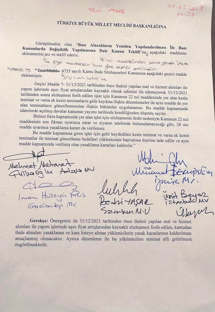 enesnasiroglu's tweet photo. Dün @TBMMGenelKurulu'nda kabul edilen "Bazı Alacakların Yeniden Yapılandırılması" kanun teklifine, @kamiadtr tarafından taslağı hazırlanan ve @iyiparti'nin sunduğu "Kamuya İş Yapan Yüklenici Firmalara Sicil Affını" içeren önerge işleme alınmış ancak genel kurulda okutulmamış ve oylanmamıştır.

Başta deprem bölgesinde olmak üzere, ülkemizde kamu eliyle inşaa edilecek konut üretiminde birfiil çalışacak kamu müteahhitlerine sicil affı ve teminatların iadesi elzemdir.

Teklifimizin bir sonraki torba yasaya dahil edilmesi adına çalışmalarımız devam edecektir.

@55erhanusta  @_cevdetyilmaz @mustafaelitas @enginozkoc  @bedriyasartr