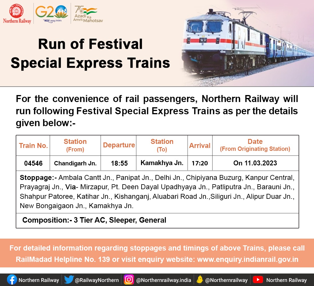 For the convenience of rail passengers, Northern Railway will run festival special express train as per the details given below :- @RailMinIndia @RailwayNorthern @GM_NRly
