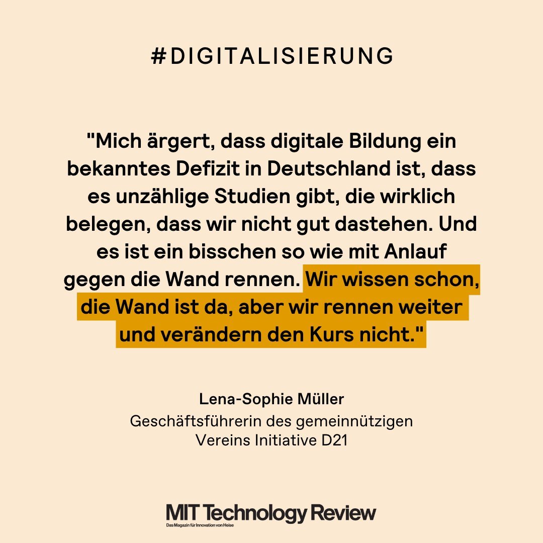 Initiative D21 (@initiatived21) on Twitter photo „Digitale Bildung ist ein bekanntes Defizit in Deutschland & trotzdem rennen wir mit Anlauf gegen die Wand.“ D21-GF <a href="/LSMueller/">Lena-Sophie Müller</a> war im <a href="/techreview_de/">MIT Technology Review DE</a> von <a href="/heiseonline/">heise online</a> zu Gast & hat u.a. über den aktuellen #D21index & #DigitaleBildung gesprochen:
heise.de/hintergrund/Le… „Digitale Bildung ist ein bekanntes Defizit in Deutschland & trotzdem rennen wir mit Anlauf gegen die Wand.“ D21-GF <a href="/LSMueller/">Lena-Sophie Müller</a> war im <a href="/techreview_de/">MIT Technology Review DE</a> von <a href="/heiseonline/">heise online</a> zu Gast & hat u.a. über den aktuellen #D21index & #DigitaleBildung gesprochen:
heise.de/hintergrund/Le…
