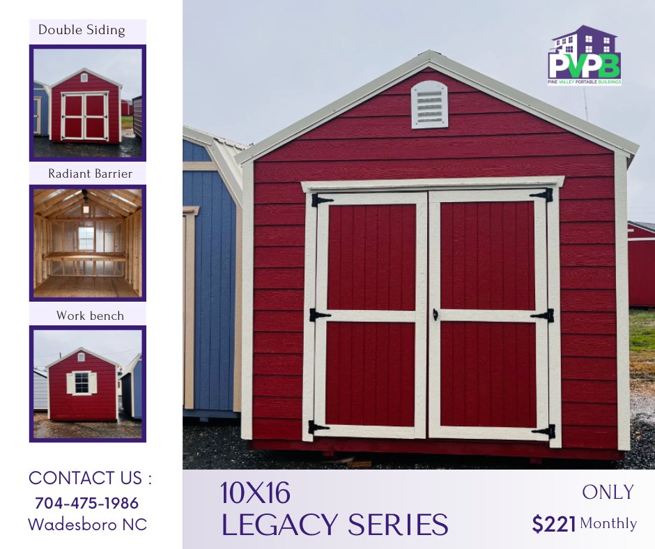 PVPB_Portable's tweet photo. Looking for a versatile and affordable solution to your #storageneeds? Our 10x16 Legacy Series building has got you covered! 
As low as 💲221 monthly 😍

Get in touch now👇🏼
🔗https://t.co/oaKbYQw4Gc
🌲1135 Holly St, #WadesboroNC
☎️ 704-475-1986

 #pvpb #sheshed #cabin https://t.co/OIIFjk66jI