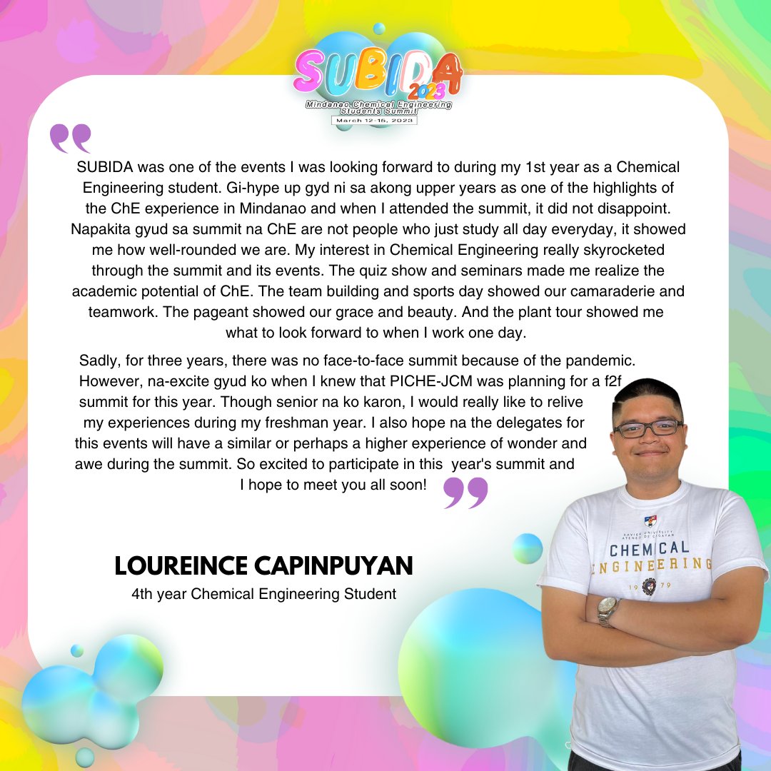 PIChEJCMindanao's tweet photo. Eyes here, ka-SUBIDA! ๐
A 4th year Chemical Engineering student of Xavier University - Ateneo de Cagayan, breaks his silence in expressing his thoughts on the comeback of SUBIDA, the Chemical Engineering Students Summit.
#SUBIDA2023
#BreakingBarriers
#PIChEJCM https://t.co/0Glkhx8baP