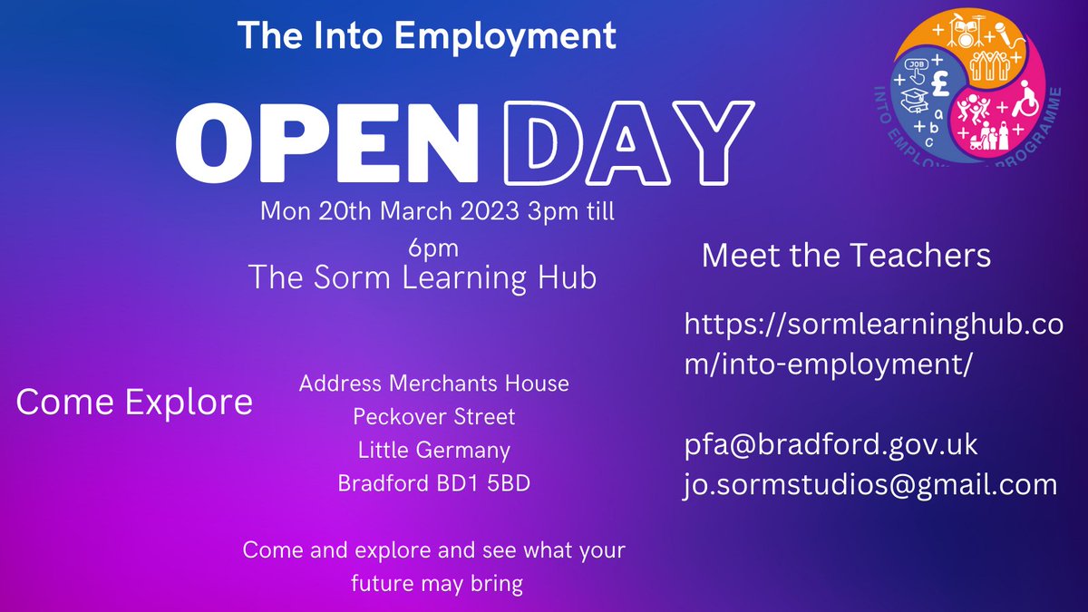 We hope everyone is staying safe and enjoying a snow day! 
Just 10 days to go till our next Open Event! 
Don't forget, you can apply for the Into Employment Programme with or without an EHCP, if you are aged 16 to 25 and live in the Bradford District. 
Come and find out more!