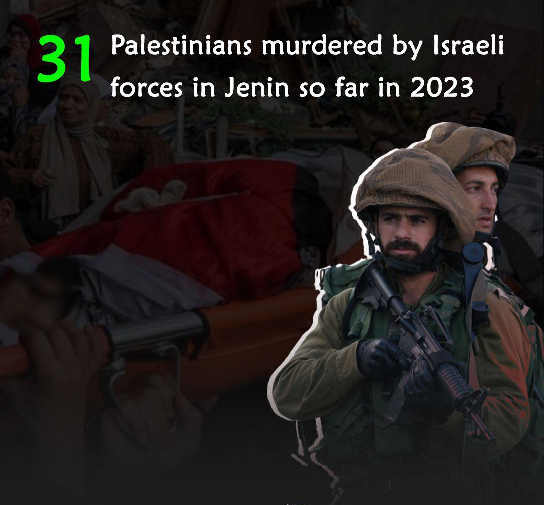 Right_ToLive's tweet photo. Since the beginning of 2023, 31 #Palestinians have been murdered by IOF in the occupied West Bank city of Jenin according to the Palestinian Health Ministry. @UN #IsraeliApartheid #IsraeliCrimes #PalestinianLivesMatter https://t.co/KWD2TRtAyz