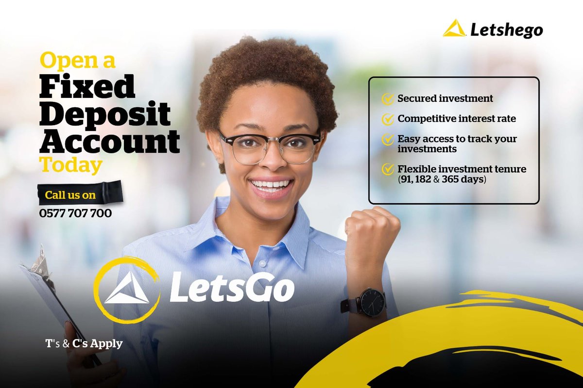 Letshego is a trusted SAFE HAVEN for your investments.
Get in touch today on 0577686291/0240509392 and secure a #BrighterFuture. T's & C's Apply
#Investments #SafeHaven #ImprovingLives #InnovativeFinancialSolutions #LetshegoGhana #FixedDeposit #Friday