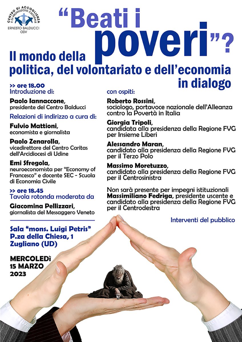 🗓️15/03 ore 18 
Partire dai #poveri è la chiave per uno sguardo profetico su un mondo nuovo da costruire. Con loro e non senza di loro. 
Per questo, in clima elettorale, vogliamo proporre un momento di sereno #confronto tra mondo del volontariato, dell'economia e della politica.