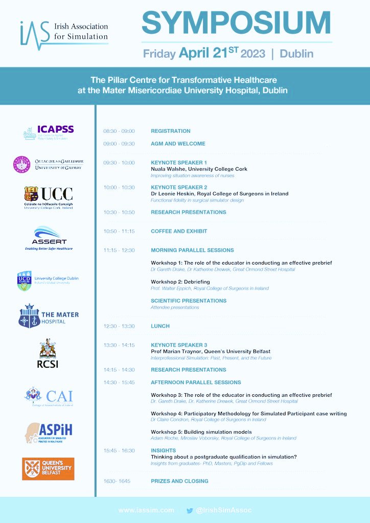 IrishSimAssoc's tweet image. Calling all sim enthusiasts! Our annual symposium is back and in person! Registration: iassim.com and our call for abstracts is open! Join us @MaterTrauma in the @ThePillarDublin on Friday 21st April! Spread the word! #interprofessionalsimulation