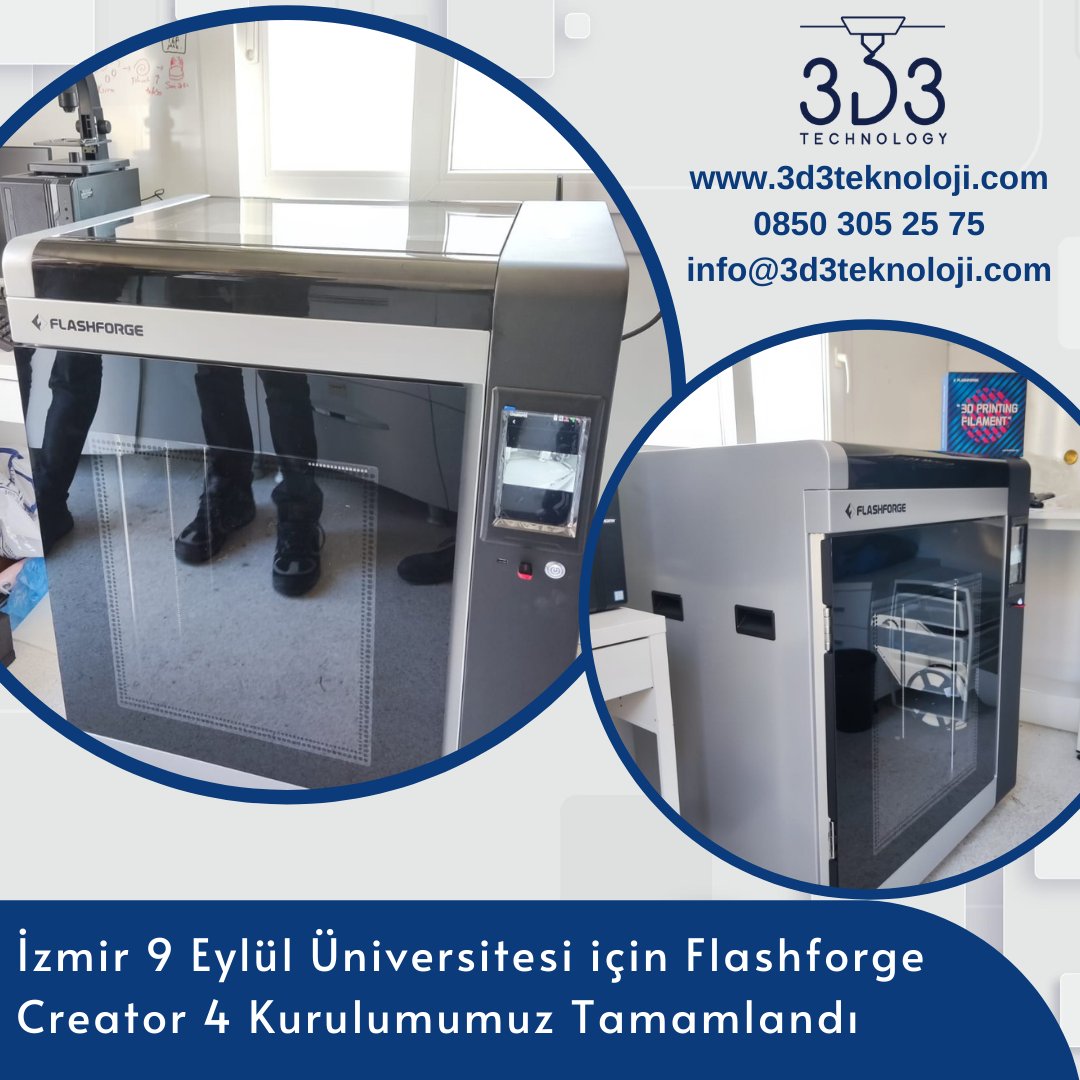 Üniversitelerimizi 3D yazıcı teknolojisi ile buluşturmaya devam ediyoruz. İzmir 9 Eylül Üniversitesi için Flashforge Creator 4 3D yazıcı kurulumunu başarıyla tamamlayarak üniversitemizin kullanımına sunduk.