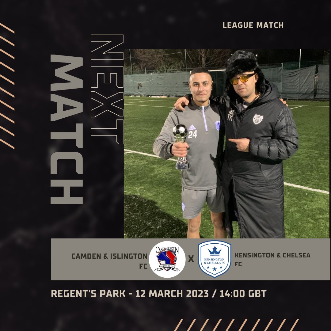 LEAGUE MATCH DAY 12/03/2023 14:00 PM REGENT'S PARK
KENSINGTON &amp; CHELSEA FC VS CAMDEN &amp; ISLINGTON FC
DOUBLE POINTS FOR THIS MATCH 
WE LOOK FORWARD TO SEEING OUR FANS &amp; FAMILY ON THE TOUCHLINE. 

#LONDONFOOTBALL #GRASSROOT #KENSINGTONANDCHELSEA