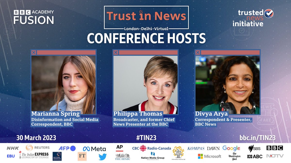 BBCAcademy's tweet image. 📢 On 30 March, 30+ speakers from 20+ multinational news and tech organisations converge on Delhi and London for the live Trust In News conference.

#TIN23 is hosted by @mariannaspring, @Philippanews and @divyaconnects.

Join us. Free.
🗓️ Full schedule: bbc.in/TIN23