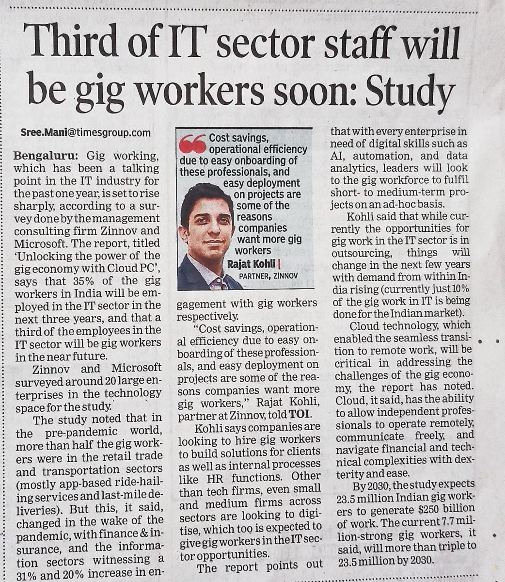 The <a href="/timesofindia/">The Times Of India</a> recently featured Rajat Kohli, Partner, Zinnov, and insights from our latest joint Zinnov-Microsoft study.
The article explores the growth of the #gigeconomy and the role of technology in driving this growth: lnkd.in/gSnmj4Hb