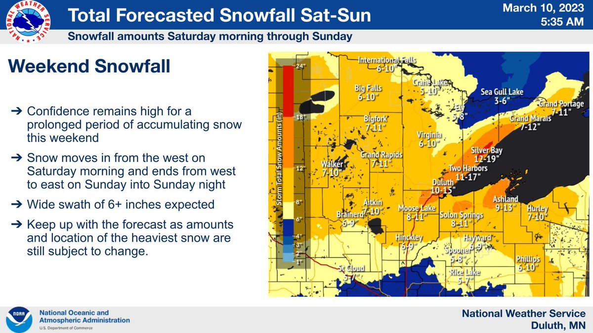 NWSduluth's tweet photo. Confidence remains high in a long duration system bringing widespread snow this weekend. A wide swath of 6 inches or more of snow is expected across much of the Northland. Higher amounts of 12 inches or more are likely around Lake Superior due to lake-effect snow. #mnwx #wiwx 1/3 https://t.co/e7AX0OUk67