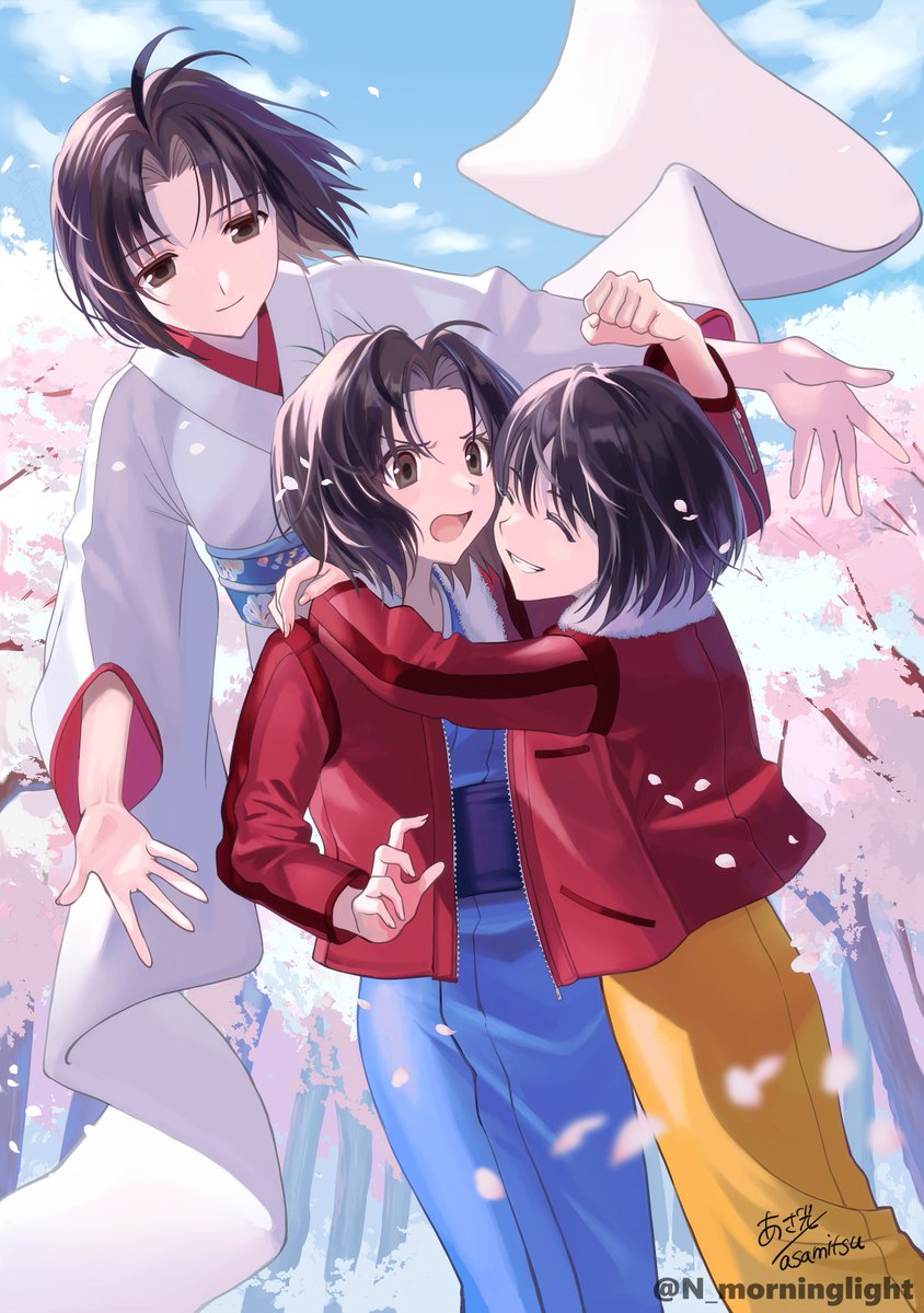 ryougi shiki kimono multiple girls japanese clothes red jacket jacket blue kimono 3girls  illustration images