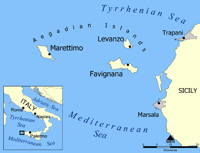 DrPnygard's tweet photo. Today in 241 BC, the Romans sank the Carthaginian fleet off the west coast of Sicily at the #BattleoftheAegates, bringing the 23-year-long #FirstPunicWar to an end. The subsequent "Treaty of Lutatius" compelled #Carthage to surrender Sicily to #Rome & pay substantial reparations. https://t.co/D2RuuCadfq