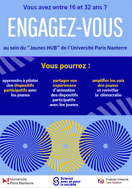 FondationUpn's tweet photo. 📣 Appel aux jeunes entre 16 et 32 ans pour s’engager au sein du JEUNES HUB de l’@UParisNanterre !
👉Le JEUNES HUB : un projet de la chaire SAPS
📍Retrouvez le programme détaillé et l’adresse de contact dans l’article https://t.co/lFrTjKCwx6 https://t.co/N7FkqwGBH2