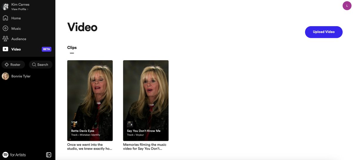 I've added some EPK video clips to <a href="/BonnieTOfficial/">Bonnie Tyler</a> &amp; <a href="/kim_carnes/">Kim Carnes</a> profiles on Spotify. Curious to see what happens. Cool new <a href="/spotifyartists/">Spotify for Artists</a> feature.