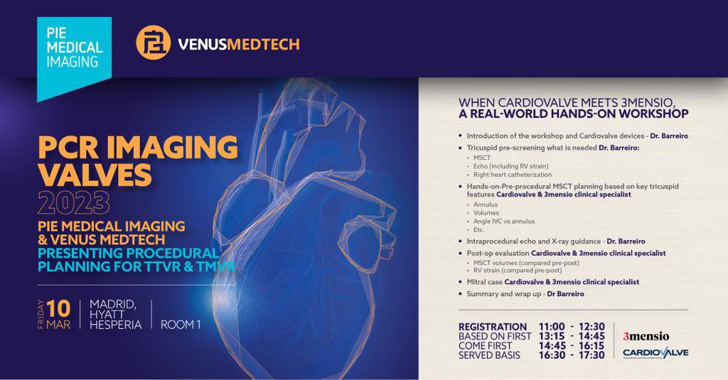 MercElectromed's tweet photo. Se trata del primero de los talleres sobre planificación con 3mensio de Pie Medical Imaging que se celebrarán a lo largo de la primera jornada de hoy en el #PCRimaging
🕐Consulta los horarios:
13:15 - 14:45
14:45 - 16:15
16:30 - 17:30
#HeartIntervention #cardiología #workshop https://t.co/c3oZkjpDrM