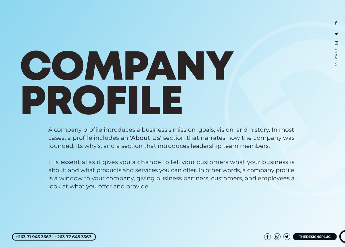 TheDesignsPlug's tweet photo. Company Profile for Wanesu Holdings done!

A company profile helps in effectively telling your company's story, your products and services as well as social proof of who you've worked with before therefore building client's trust in your Brand.

Let us work on yours today. https://t.co/EDQKEiQJS2