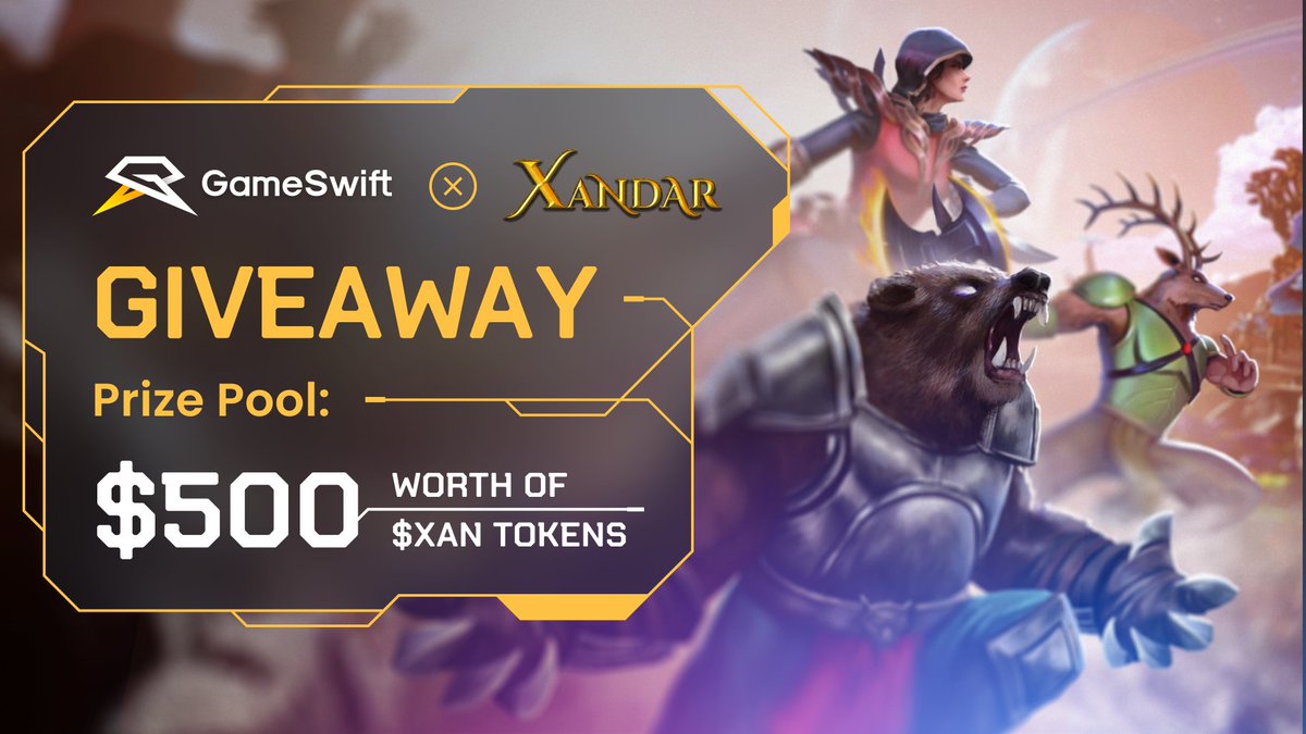 It's time to celebrate our union and join our #Giveaway with <a href="/xandargames/">Xandar</a> 📢

🏆 Prize pool: $500 worth of $XAN tokens for 3 winners!

To enter:
1️⃣Like + RT 
2️⃣Follow GameSwift and Xandar
3️⃣Join:
discord.gg/gameswift
discord.com/invite/cbUU65M…

1/2
