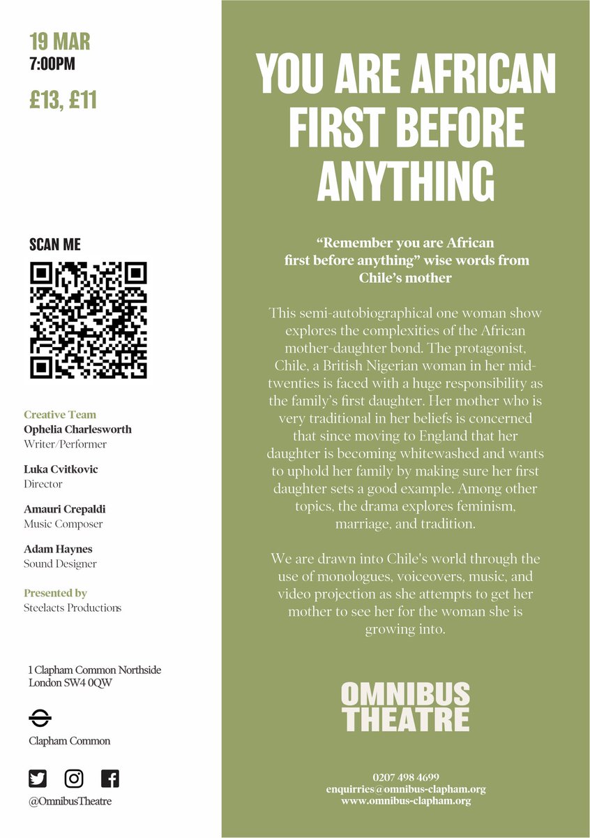 In partnership with Steelacts Productions the show YOU ARE AFRICAN FIRST BEFORE ANYTHING will be showing at the <a href="/OmnibusTheatre/">Omnibus Theatre</a> on the 19th of March. 7pm. Tell a friend to bring a friend. omnibus-clapham.org/you-are-africa…