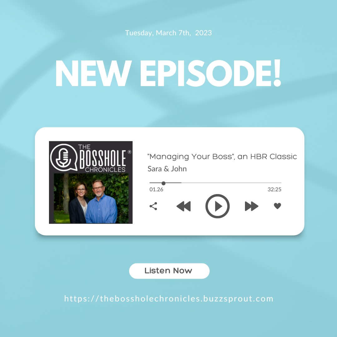 Bosshole_Chron's tweet image. In this week's episode, John and Sara discuss "Managing Your Boss", an article published in the Harvard Business Review by two leading voices in people development and leadership. 🎙️👂
#bossholefreeculture #talentoptimization #leadership
thebossholechronicles.buzzsprout.com/1451638/123872…