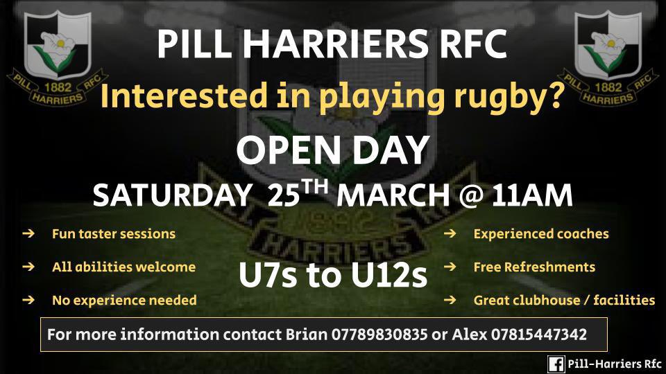 PillHarriersRFC's tweet photo. The future starts on the 25th March!! Come and join us at the club for our minis and juniors open day! All ages and abilities welcome🖤 Come and join the Pill Harriers Family🖤🖤 #UTH #THEFUTURE https://t.co/PNq3LLcATi