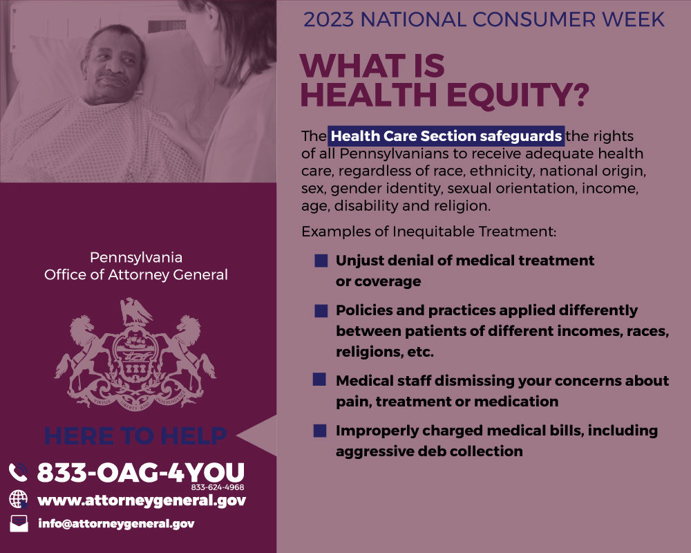 Michelle Henry (@PAAttorneyGen) on Twitter photo 2023-03-10 17:20:15 If you experience any potentially unfair treatment in accessing health care, you can file a complaint with the Health Care Section. Call 877-888-4877 or visit attorneygeneral.gov #healthequity #charitycare #healthcare #NCPW #NCPW2023 If you experience any potentially unfair treatment in accessing health care, you can file a complaint with the Health Care Section. Call 877-888-4877 or visit attorneygeneral.gov #healthequity #charitycare #healthcare #NCPW #NCPW2023