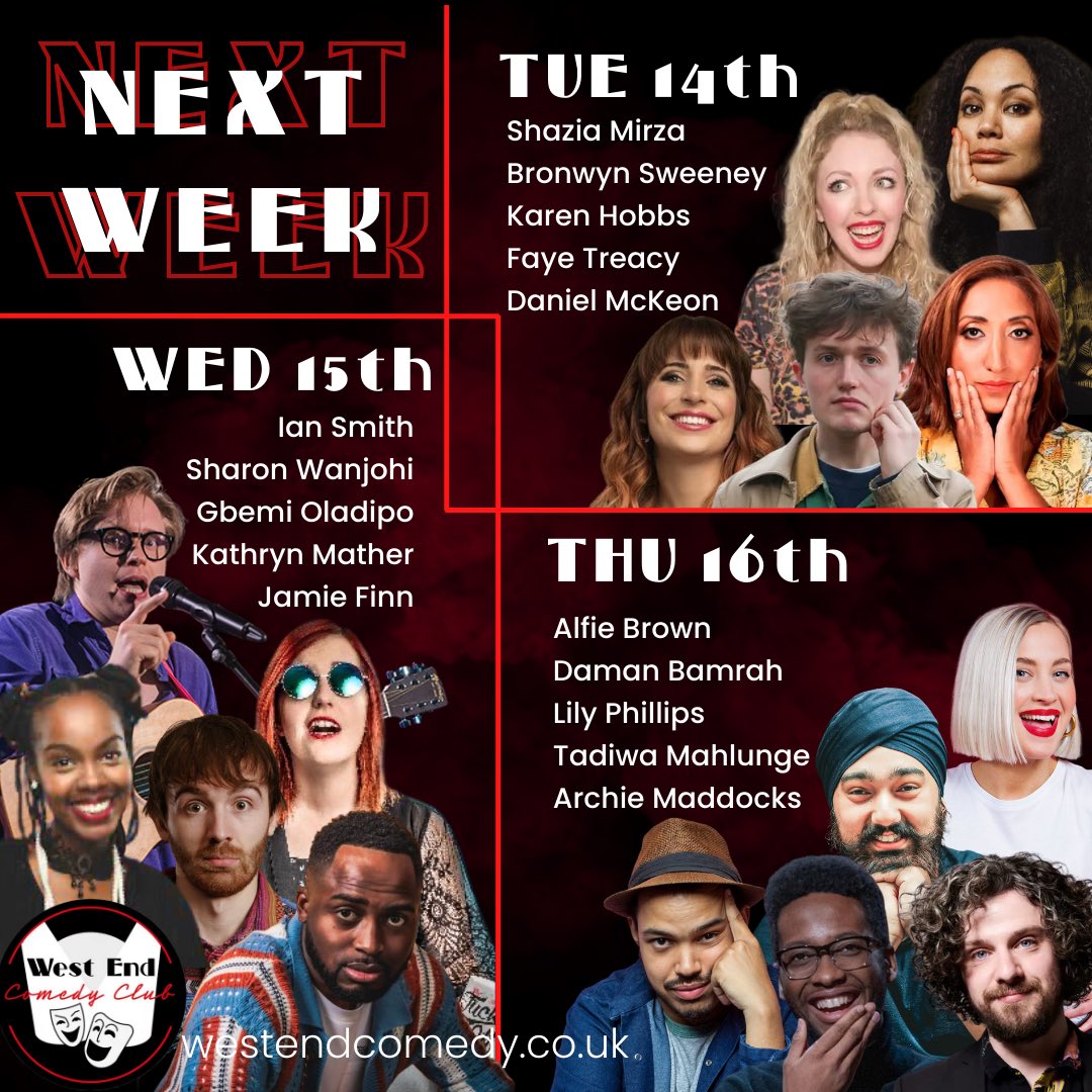 Some fab shows coming up next week! 

Doors 7.15pm  |  Shows 7.45pm
🎟 westendcomedy.co.uk/shows
