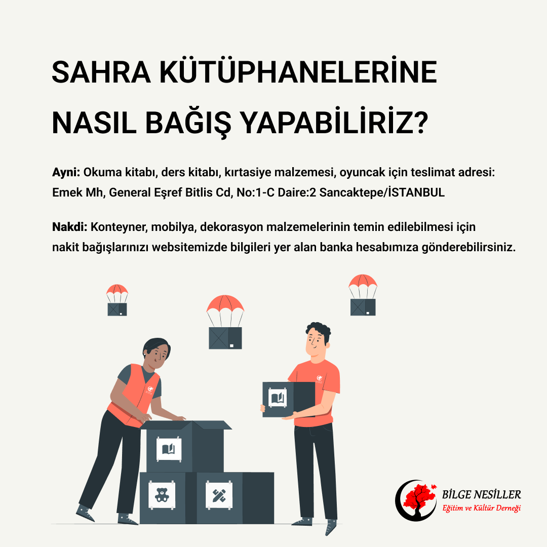 Deprem bölgesindeki çocuklarımızın eğitimlerine katkıda bulunmak için nakti bağışlarınızı web sitemiz üzerinden , ayni bağışlarınızı gönderide paylaşılan adrese kargolayarak ulaştırabilirsiniz.

Web sitemiz 
bilgenesiller.org