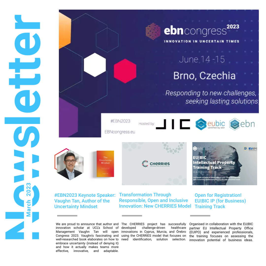 #EBN2023 registrations are open! 
Join the largest gathering of🇪🇺#incubators, #accelerators, science parks &amp; innovation supporters with keynote🗣️<a href="/vaughn_tan/">Vaughn Tan</a>.
Also featuring <a href="/CHERRIES_eu/">CHERRIESeu</a>, EU|BIC IP Training Track &amp; open🤙for📈programs🌺Our March Newsletter👉bit.ly/3JasK4E