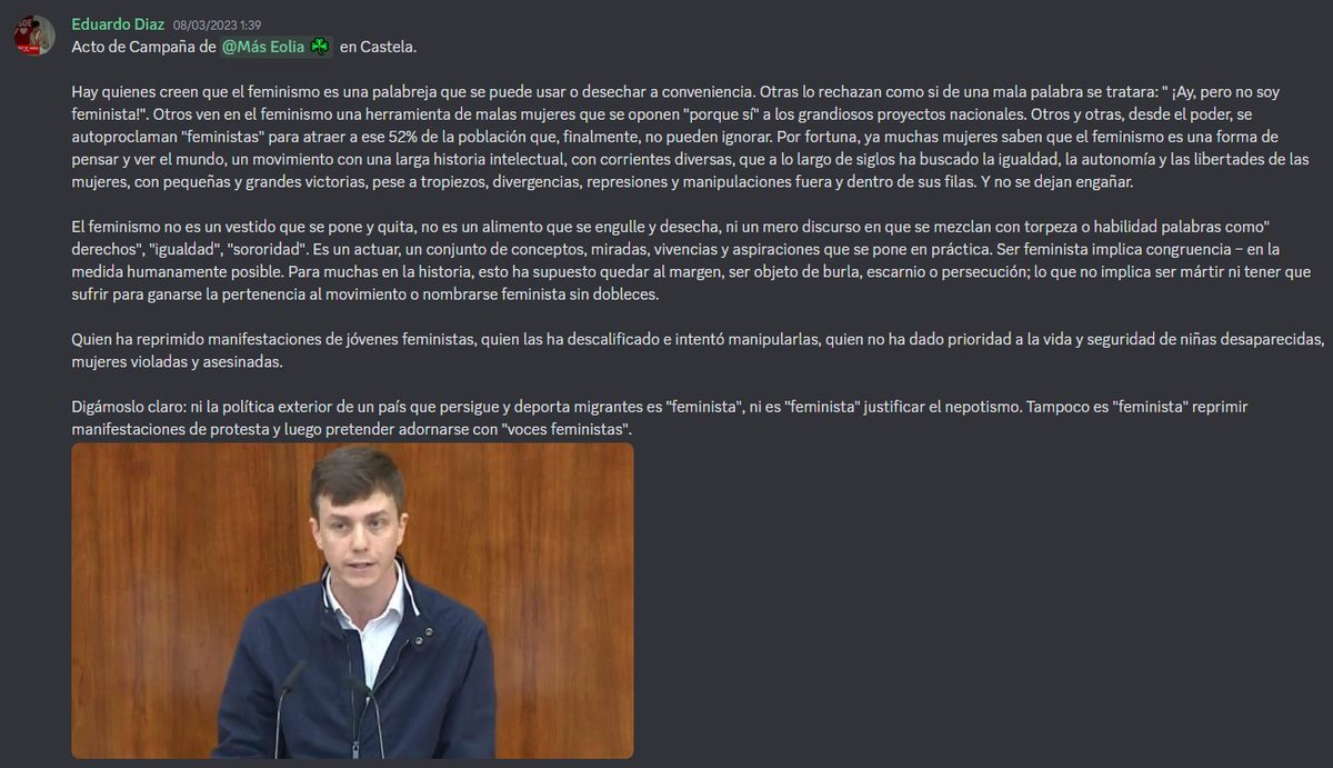 OVecinosEolia's tweet photo. Para el Sr. Rubiño el Feminismo representa ¿Un simple copia y pega? Pues así lo aparenta tras que su discurso en un mitin en la Ciudad en Castela sea una réplica exacta del escrito de Lucía Melgar de fecha de Octubre de 2021. https://t.co/2bZQ1uKw6P