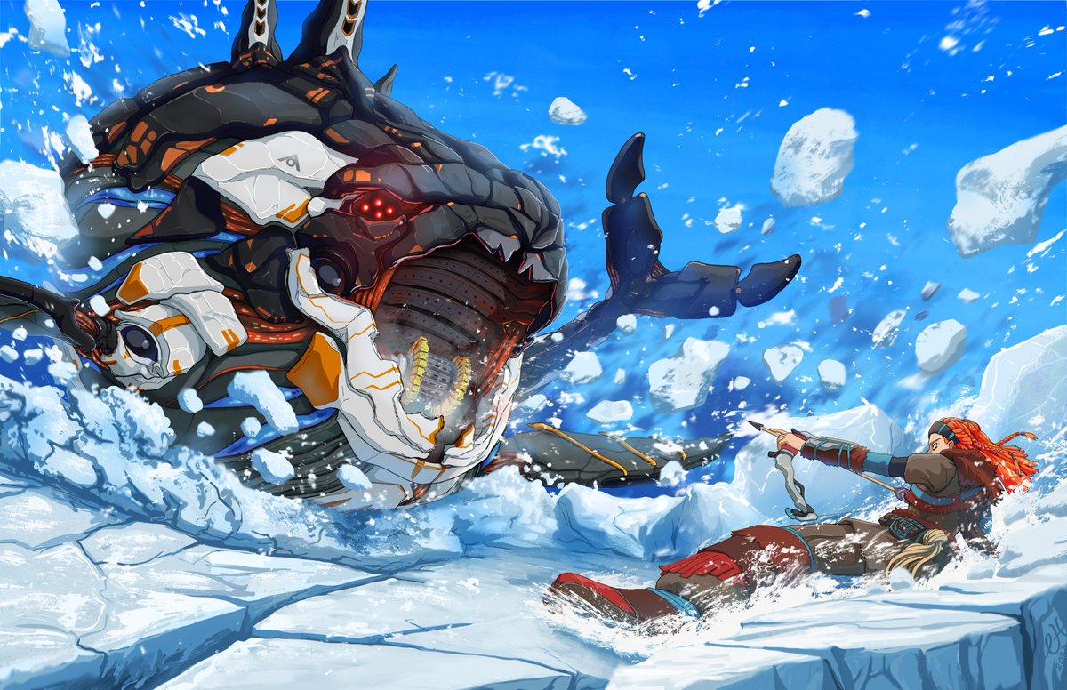 Aloy fighting an orca/dunkleosteous inspired machine #HorizonForbiddenWest #HorizonZeroDawn #Aloy #BeyondTheHorizon #orcas #Dunkleosteus reposting from tumblr